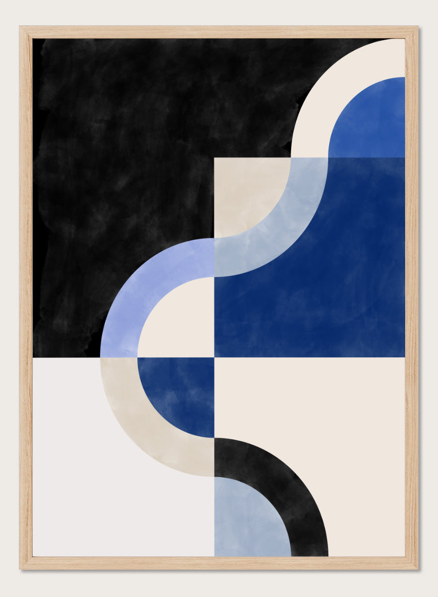 Shop Abstract Curves Flow by Elena Ristova, a modern abstract wall art print poster featuring sweeping blue curves, cream blocks, and bold black accents.