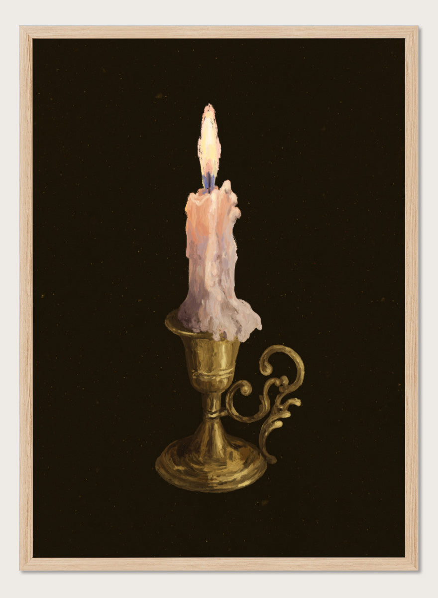 Shop Elegant Brass Candle by NKTN, a candle wall art print poster featuring a glowing taper candle in an ornate brass holder against a dark vintage-style background.