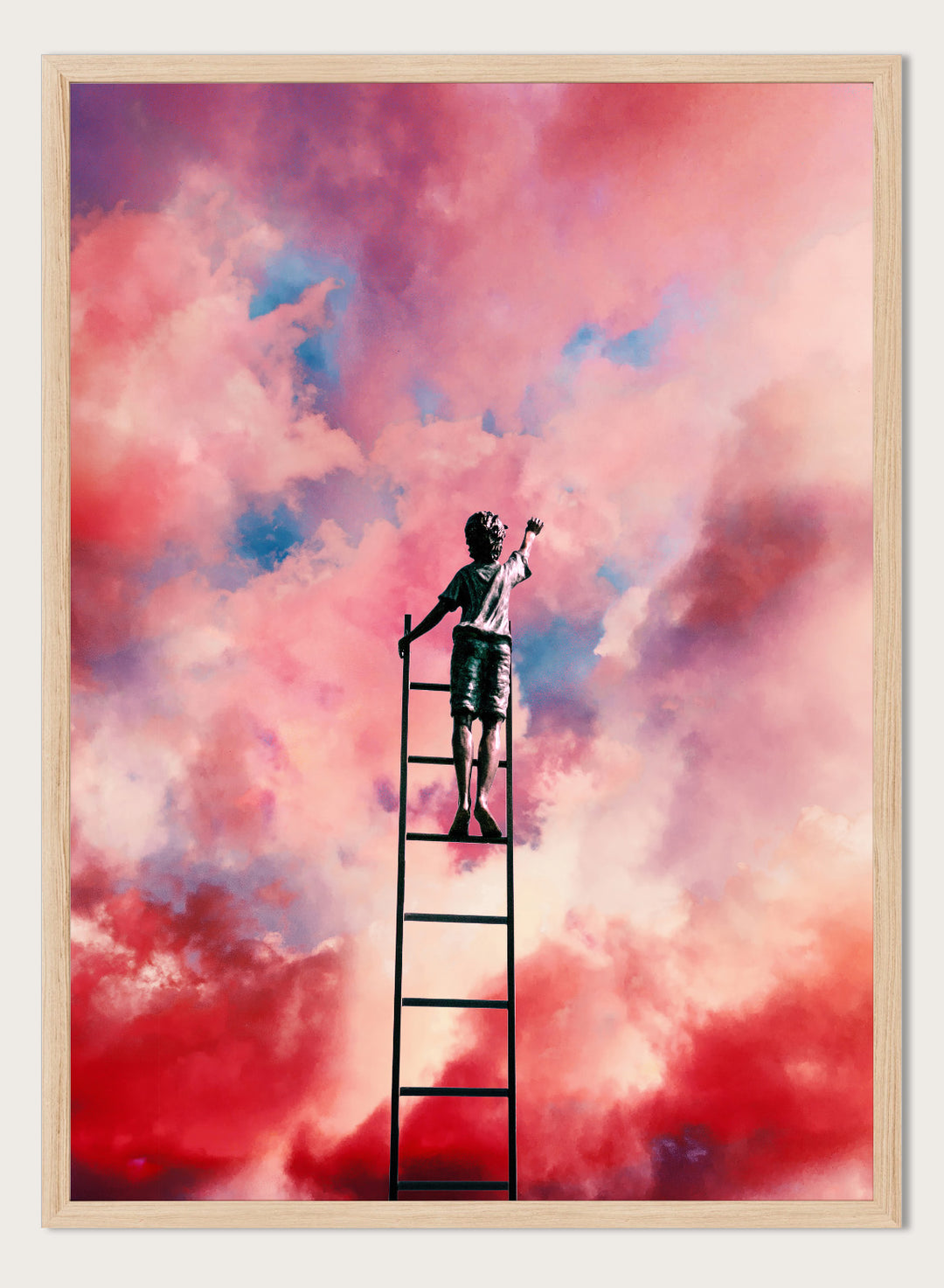Person standing on a ladder against a colorful cloud sky. Cloud Painter by Taudalpoi surreal ladder to sky art print with pink clouds and dreamlike cosmic atmosphere, retro inspired collage poster wall art.