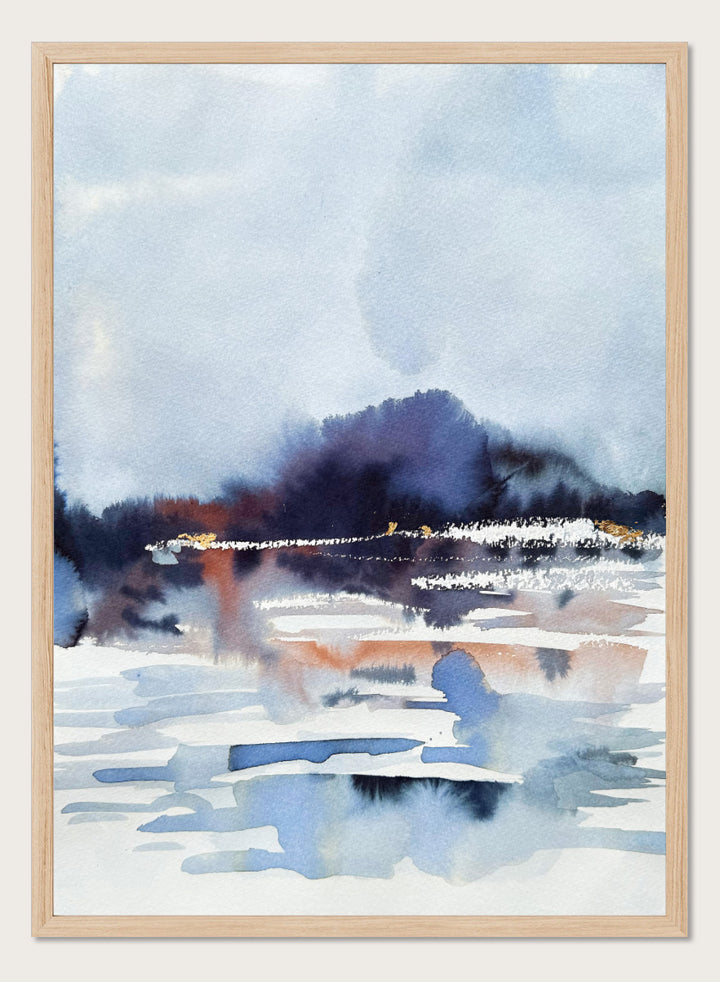 Shop Misty Mountain Lake by Helena Ryhle, a watercolor landscape wall art print poster featuring a misty lake, distant mountains, and atmospheric blue scenery.