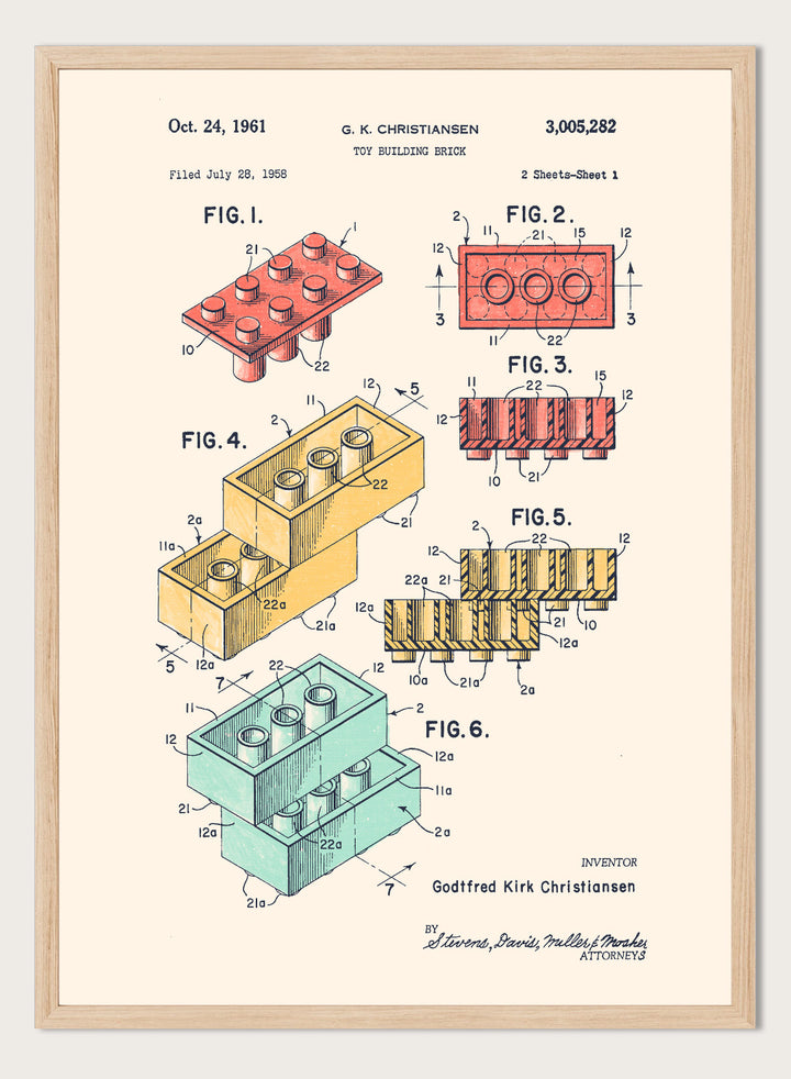 Toy building brick patent illustration with labeled figures on a white background. Historic Building Brick Patent by Florent Bodart is a vintage patent art print featuring toy brick diagrams, a technical drawing wall poster with retro industrial style.