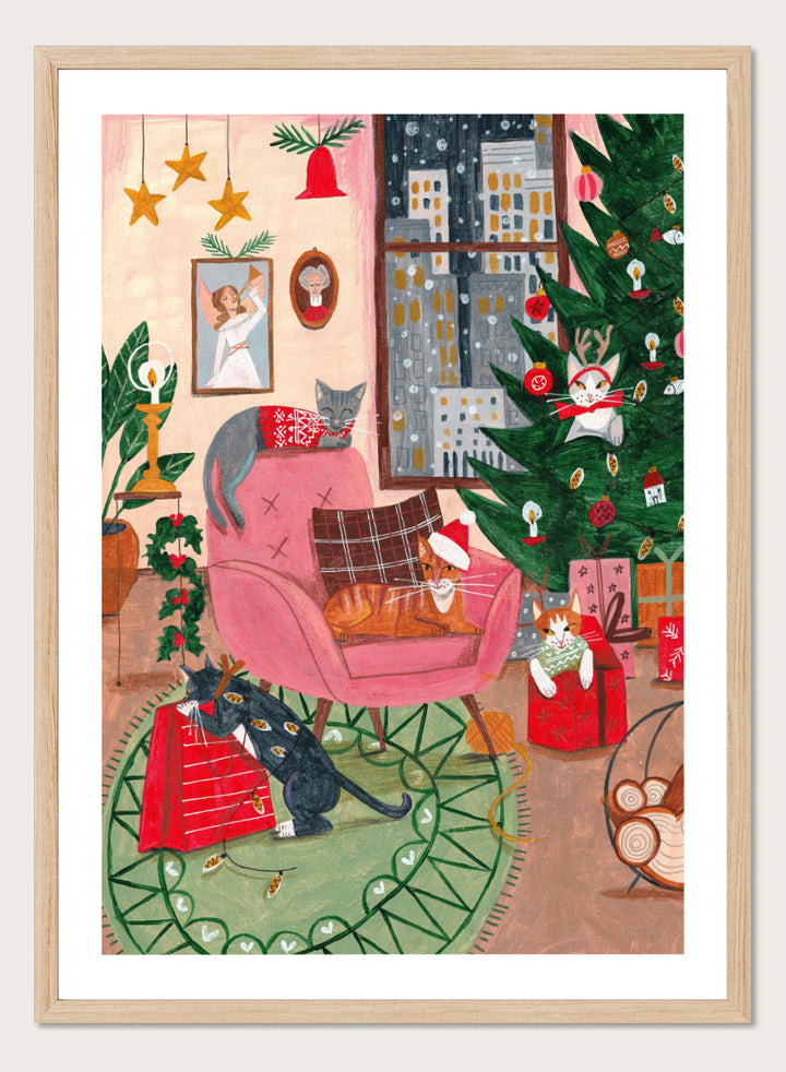Shop Cats Home for Christmas by Caroline Bonne Müller, a festive cat wall art print poster featuring cats, a Christmas tree, presents, and a colorful holiday interior.