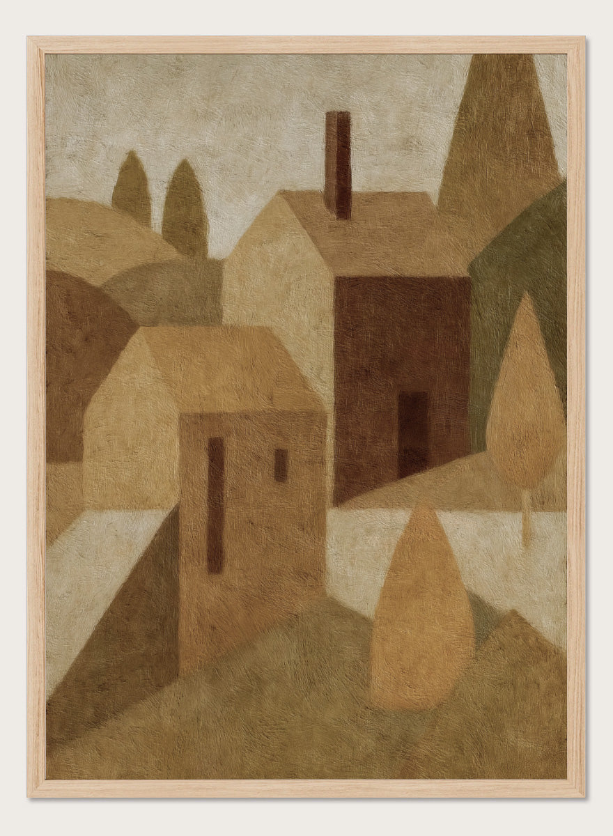 An abstract cubist-style landscape painting featuring geometric houses, trees, and hills in muted beige, brown, tan, and olive tones. Shop Cottage by Dan Hobday, a contemporary landscape painting art print featuring abstract village cottages, tall trees, layered hills, and warm earthy tones.