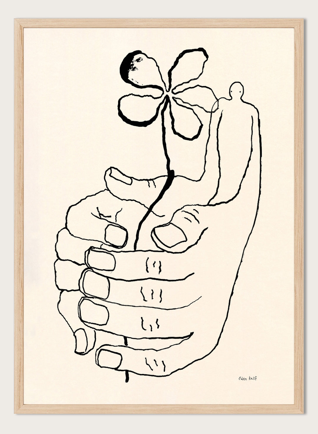 Black line drawing of a hand holding a flower on a beige background. Let It Grow by Eden Kalif is a modern line art print featuring a hand holding a flower with a human figure, designed as a minimalist contemporary wall poster.