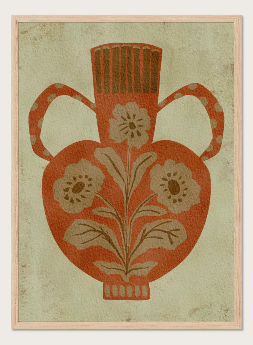 Shop Rustic Floral Vase by Nikita Jariwala, a botanical wall art print featuring a terracotta vase, folk-inspired flowers, and warm rust, tan, and cream tones.