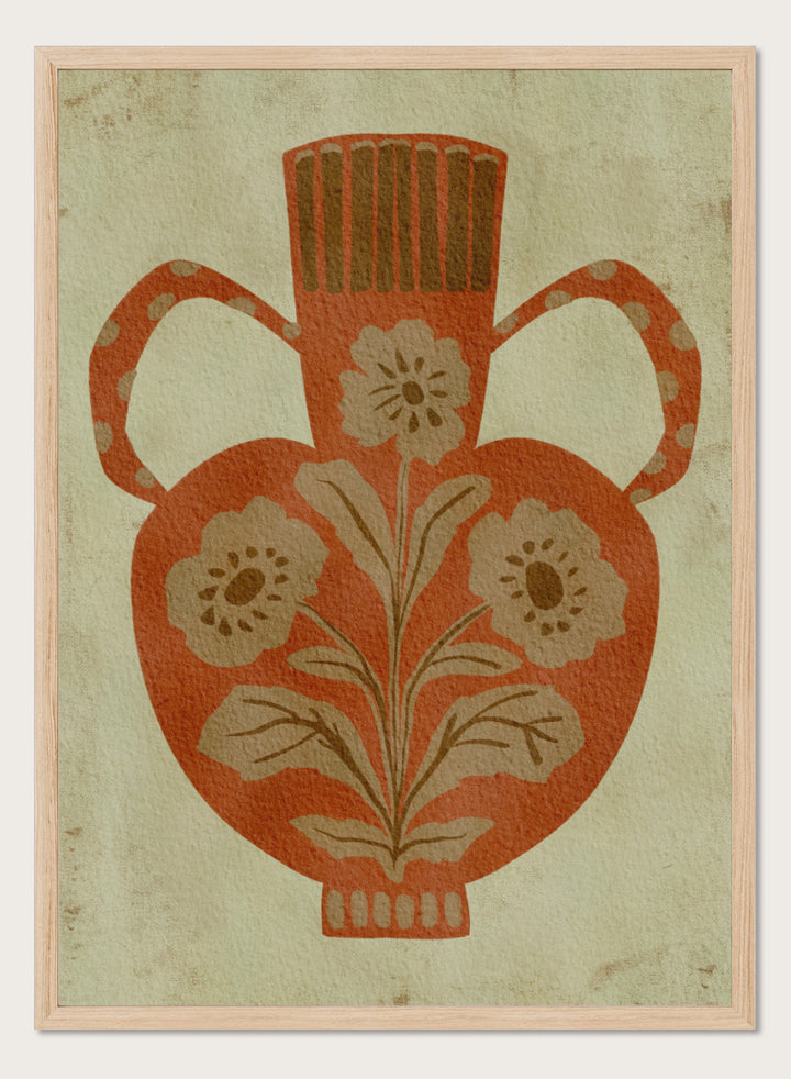Shop Rustic Floral Vase by Nikita Jariwala, a botanical wall art print featuring a terracotta vase, folk-inspired flowers, and warm rust, tan, and cream tones.