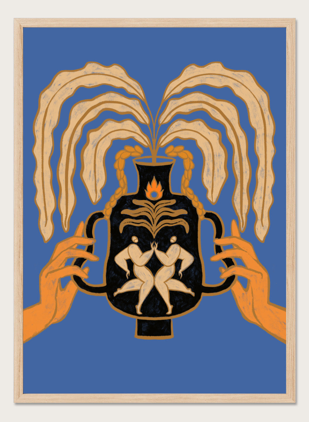 Decorative urn with hands holding it against a blue background. Vessel Collection: Let’s Meet Again by Arty Guava art print, modern vase wall poster with symbolic figures, contemporary blue minimalist illustration.