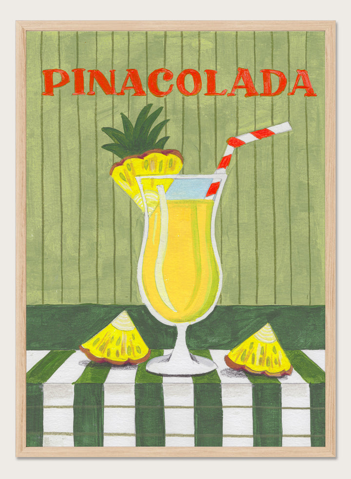 Illustration of a pina colada drink with pineapple slices on a checkered tablecloth. Piña Colada Summer Drink by Caroline Bonne Müller is a fine art print and wall poster of a pineapple cocktail with striped straw and green table setting.