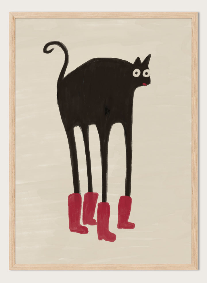 A stylized black cat with long legs wearing bright pink boots, centered on a warm beige background. Funny Black Cat Boots by The Art Concept playful cat art print featuring a long-legged black cat in red boots with a quirky hand-drawn look.
