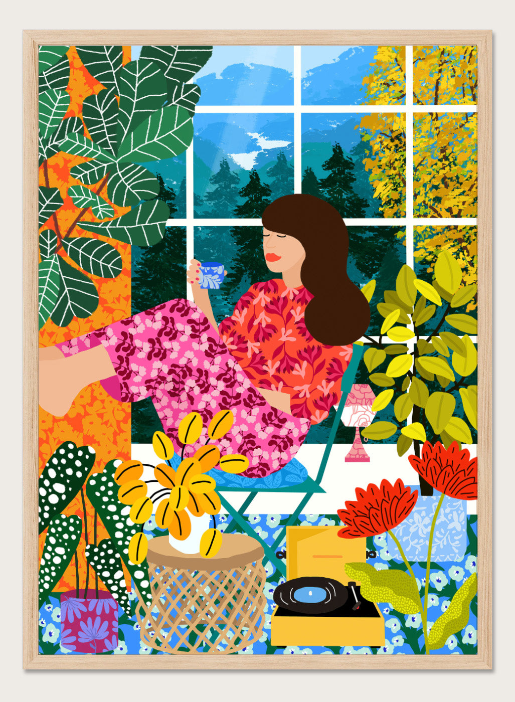 Illustration of a woman sitting by a window with a cup, surrounded by plants and flowers. Listening To the Sound of Nature by Rafaela Mascaro fine art print featuring woman by window, botanical interior, colorful plants, modern contemporary wall art poster.