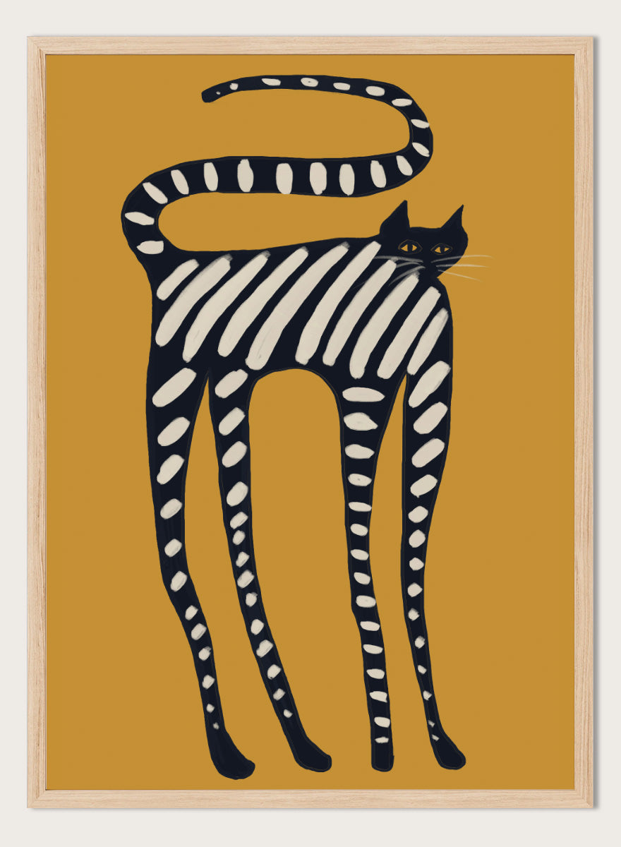 A stylized art print of a cat with black and white stripes on a mustard yellow background. Elegant Striped Cat by The Art Concept playful cat art print featuring a long black cat with cream stripes and an oversized curved tail on mustard yellow.