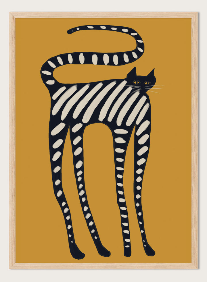 A stylized art print of a cat with black and white stripes on a mustard yellow background. Elegant Striped Cat by The Art Concept playful cat art print featuring a long black cat with cream stripes and an oversized curved tail on mustard yellow.