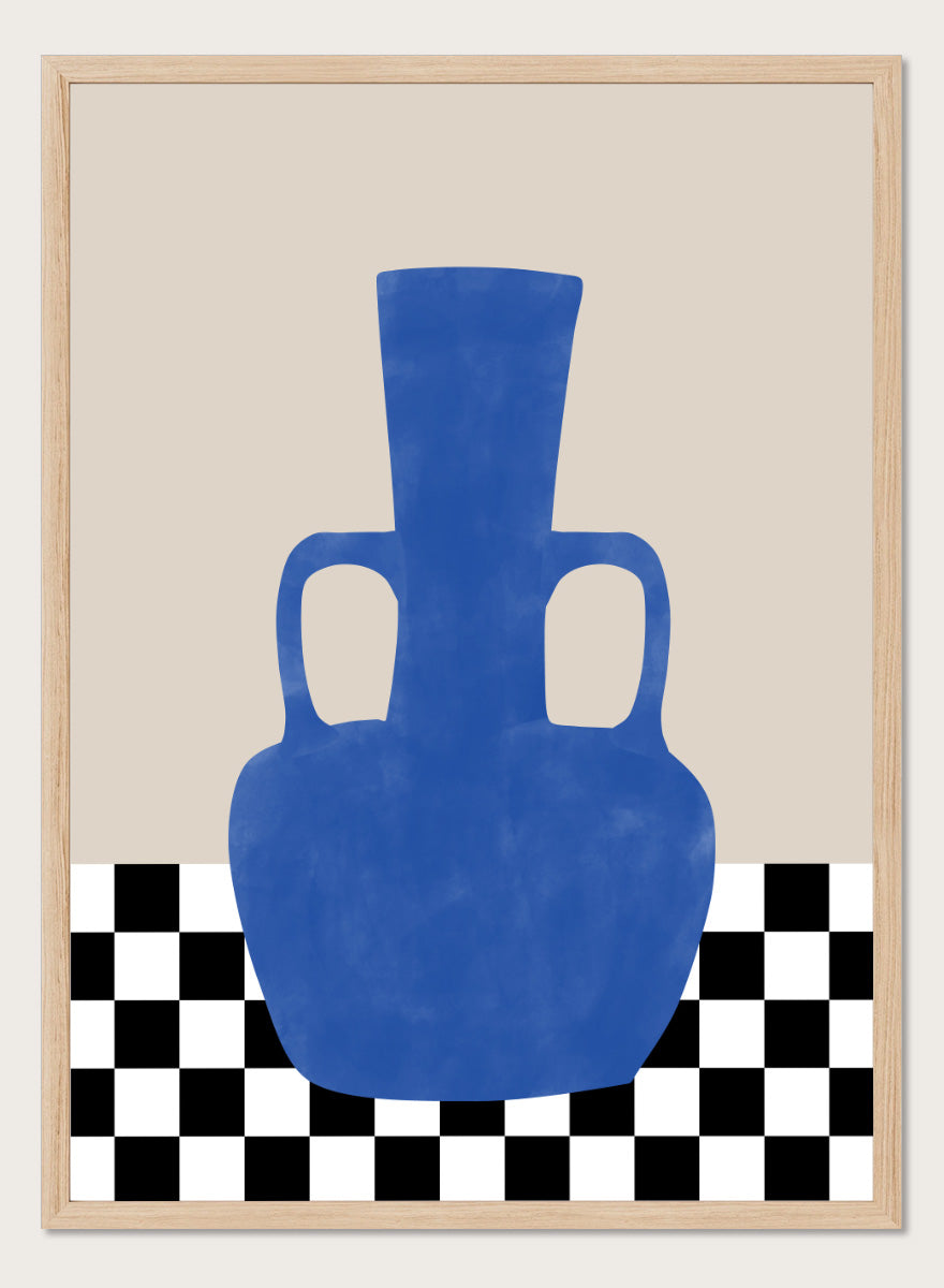 Shop Blue Amphora Still Life by Elena Ristova, a modern still life wall art print poster featuring a cobalt blue vase and bold black-and-white checkerboard pattern.