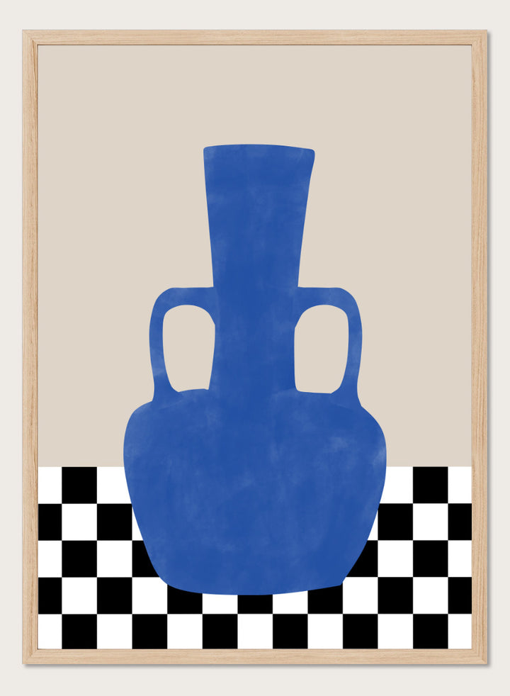 Shop Blue Amphora Still Life by Elena Ristova, a modern still life wall art print poster featuring a cobalt blue vase and bold black-and-white checkerboard pattern.