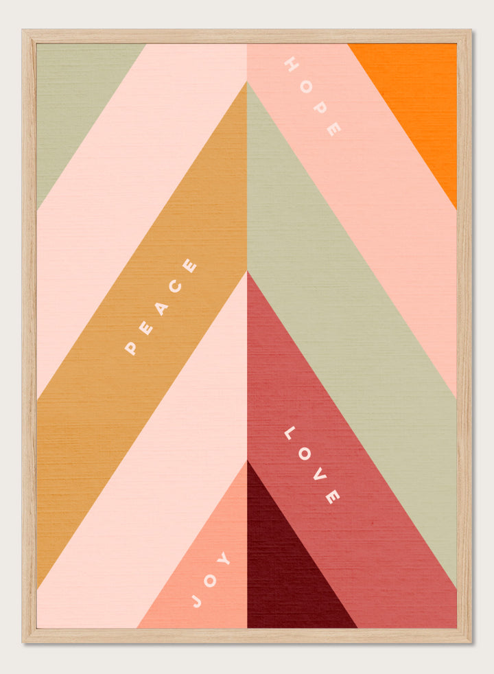 Shop Hope Peace Love Joy by Dominique Vari, a retro holiday wall art print poster featuring geometric shapes, uplifting words, and warm pink, green, red, and ochre tones.