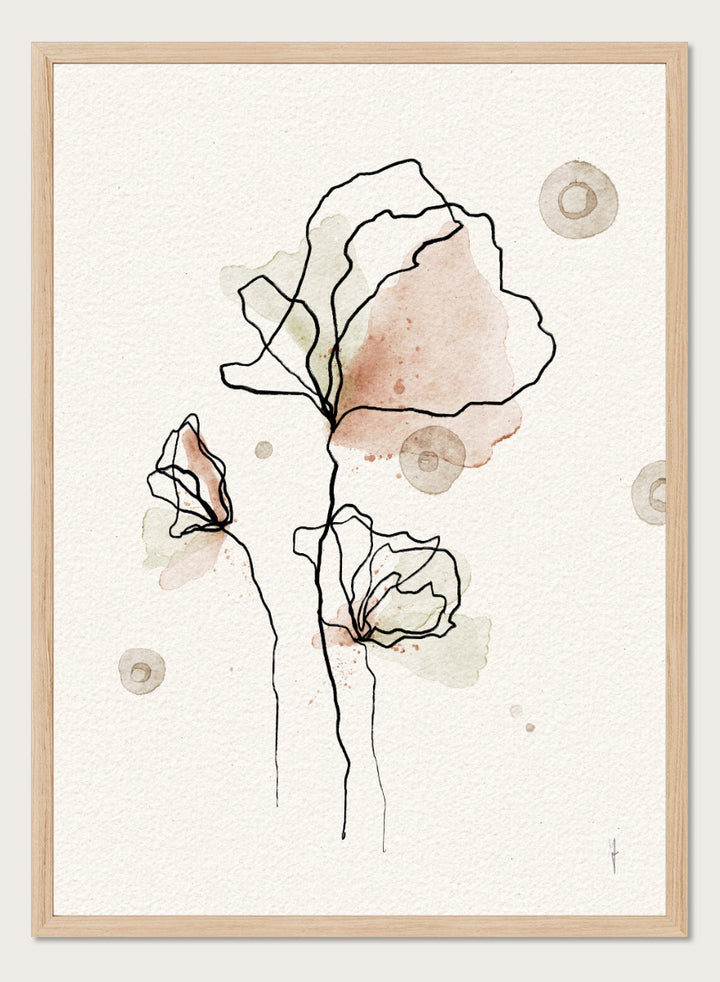 Shop Abstract Watercolor Flowers by Ankie Kooi, a floral wall art print poster with blush pink blooms, black linework, pale green washes, and soft botanical detail.