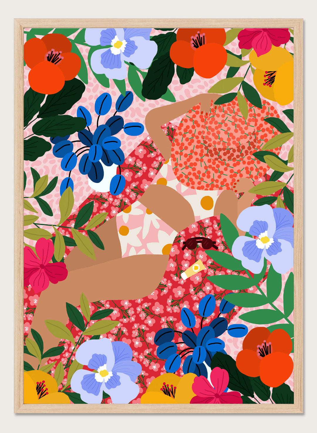 Colorful floral pattern with abstract shapes on a pink background. Sleeping Under the Sun by Rafaela Mascaro is a vibrant floral art print filled with bold colors, botanical details, decorative patterns, and summer warmth.