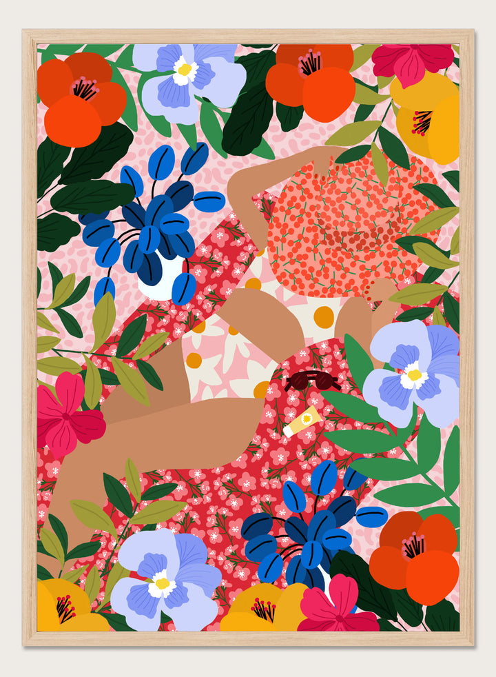 Colorful floral pattern with abstract shapes on a pink background. Sleeping Under the Sun by Rafaela Mascaro is a vibrant floral art print filled with bold colors, botanical details, decorative patterns, and summer warmth.