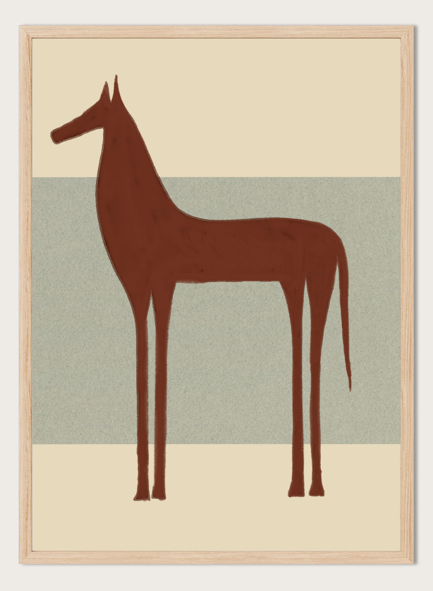 Minimalist Brown Horse by The Art Concept animal art print featuring a tall brown horse, elongated proportions, and a soft cream and blue-grey background.