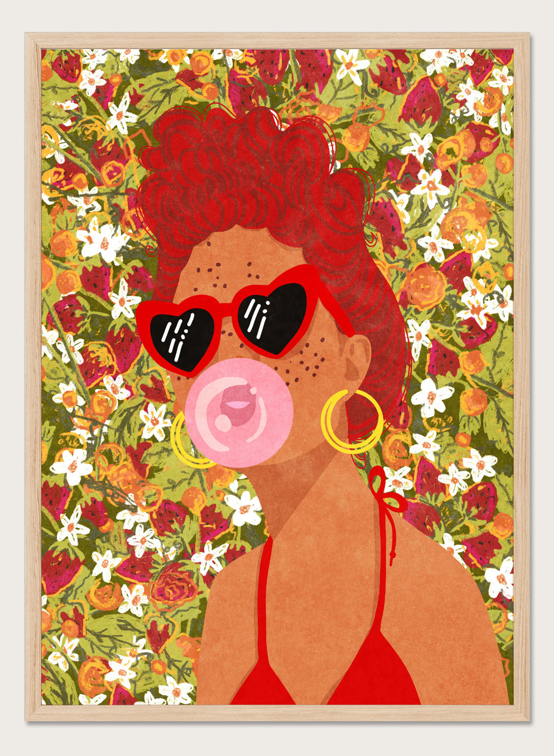 Illustration of a woman with red hair, sunglasses, and a pink bubble gum against a floral background. Strawberry Lady by Raissa Oltmanns fine art print featuring bold female portrait with strawberry background, modern colorful wall decor poster.