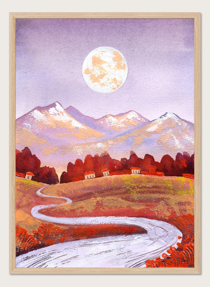 Shop Moonlit Mountain Village by Ekaterina Prisich, a mountain landscape art print featuring a winding road, village homes, a full moon, and soft evening color.