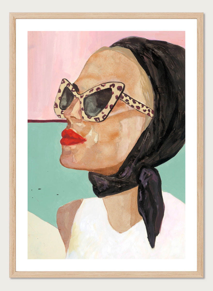 Shop Chic Scarf Sunglasses by Sophia Novosel, a modern female portrait wall art print poster featuring cat-eye sunglasses, red lips, and a black scarf.