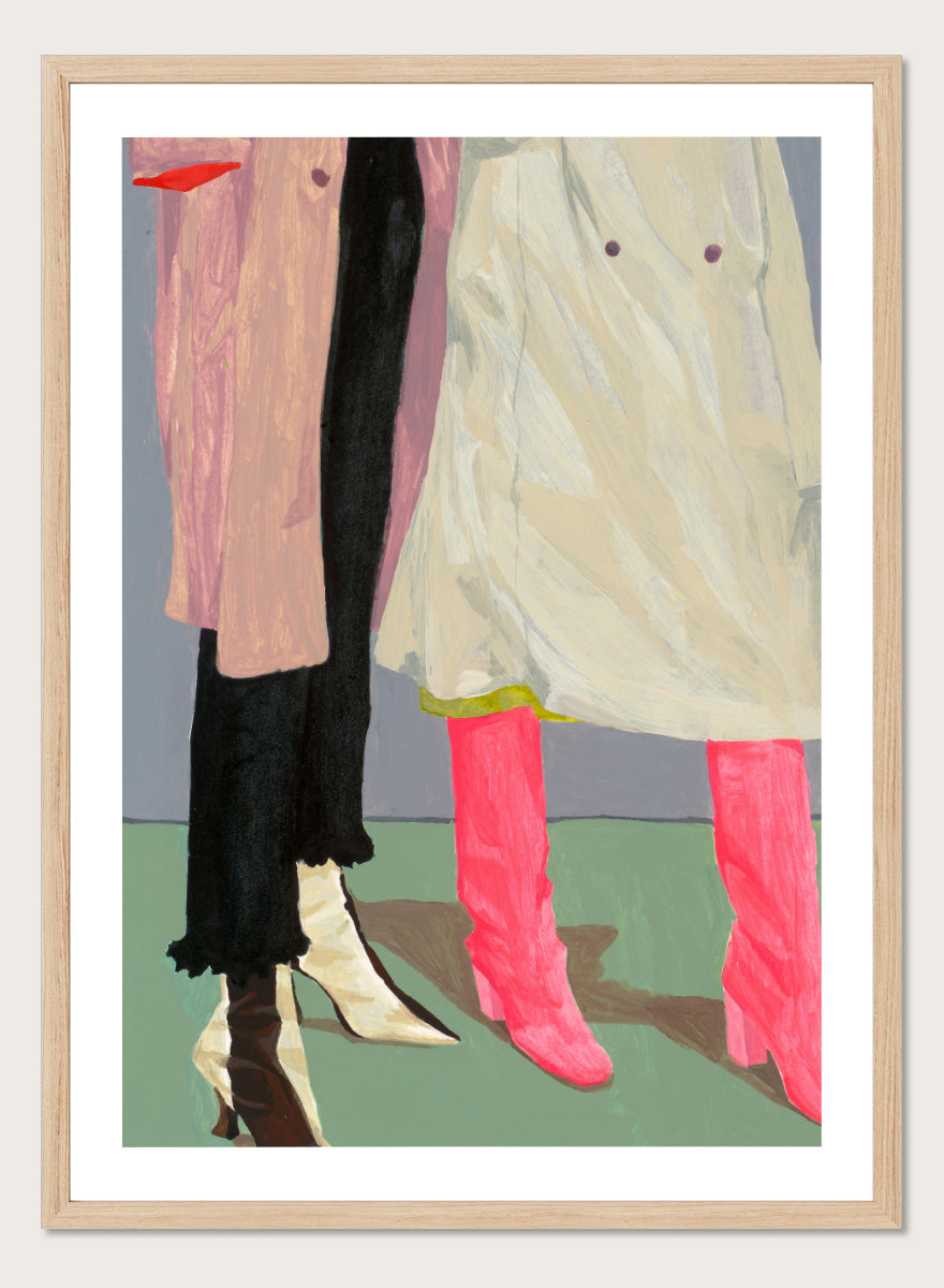 Shop Pink Boots Style by Sophia Novosel, a modern fashion wall art print poster featuring hot pink boots, cream heels, layered coats, and a cropped street-style scene.