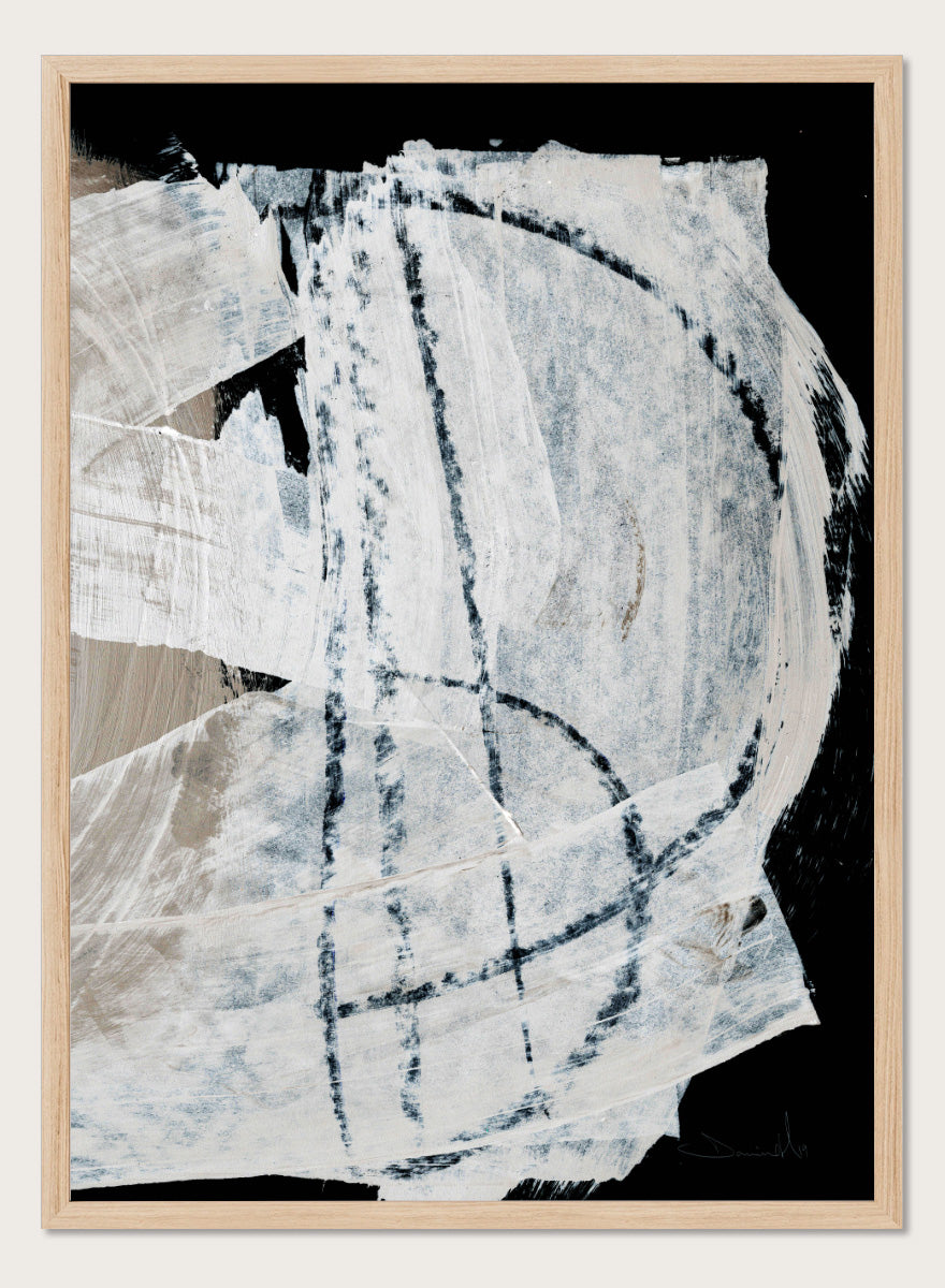 Shop Mind No.02 by Dan Hobday, an abstract wall art print poster featuring sweeping white brushwork, black contrast, and soft blue-beige texture.