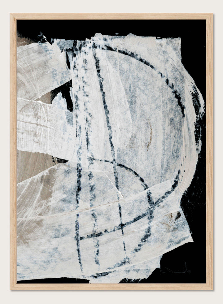 Shop Mind No.02 by Dan Hobday, an abstract wall art print poster featuring sweeping white brushwork, black contrast, and soft blue-beige texture.