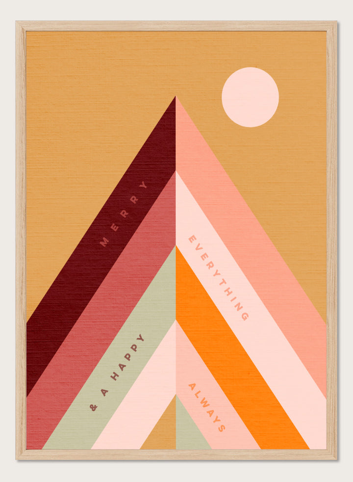 Shop Merry Everything Mountains by Dominique Vari, a retro holiday wall art print poster featuring colorful geometric mountains, cheerful typography, and warm festive tones.