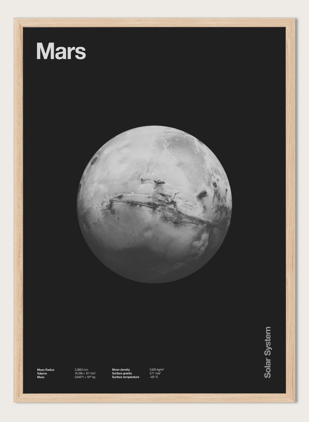 Black and white image of Mars with 'Mars' text at the top on a black background. Planet Mars by Florent Bodart is a minimalist space art print with detailed surface texture, a modern black wall poster inspired by astronomy and science design.