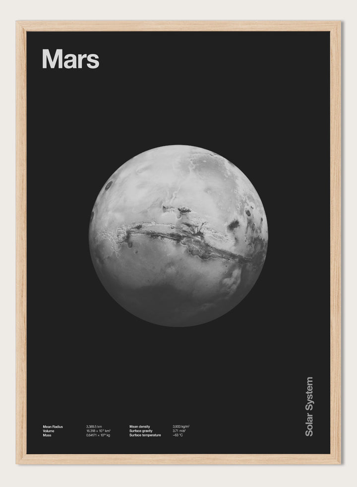 Black and white image of Mars with 'Mars' text at the top on a black background. Planet Mars by Florent Bodart is a minimalist space art print with detailed surface texture, a modern black wall poster inspired by astronomy and science design.