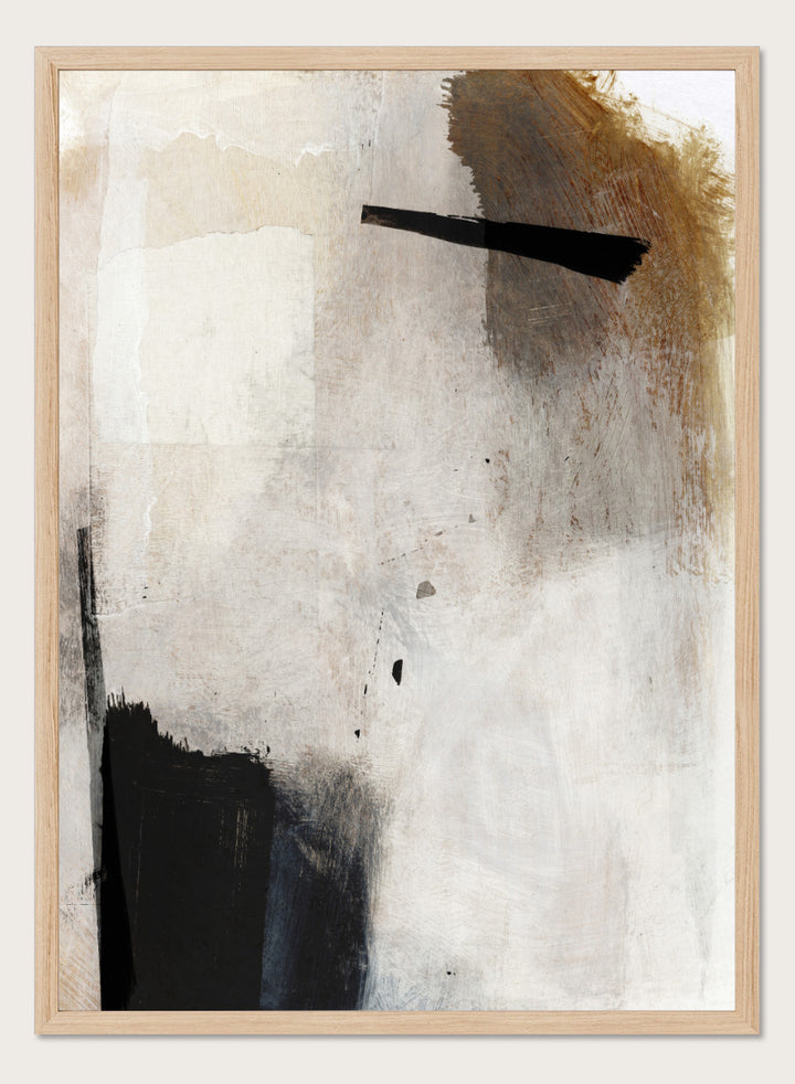 Abstract mixed-media painting with layered off-white, beige, brown, and black brushstrokes. Shop Whole Day by Dan Hobday, a neutral abstract art print with bold black forms, soft earthy tones, layered brushwork, and a modern minimalist feel.