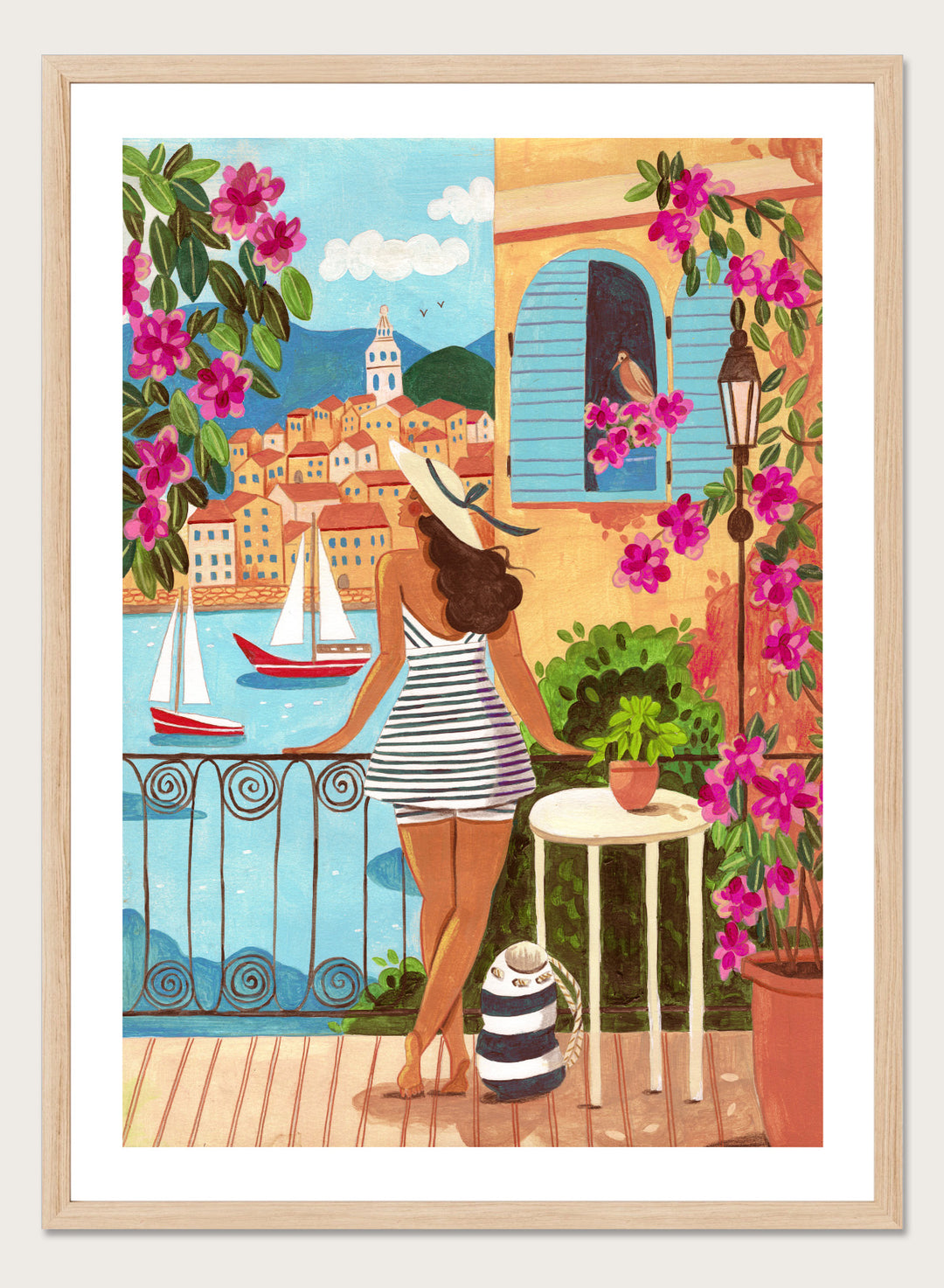 Woman on a balcony overlooking a coastal town with boats and flowers. Woman Balcony Coastal View by Caroline Bonne Müller is a fine art print and wall poster of a woman overlooking a coastal town with boats in a modern aesthetic style.