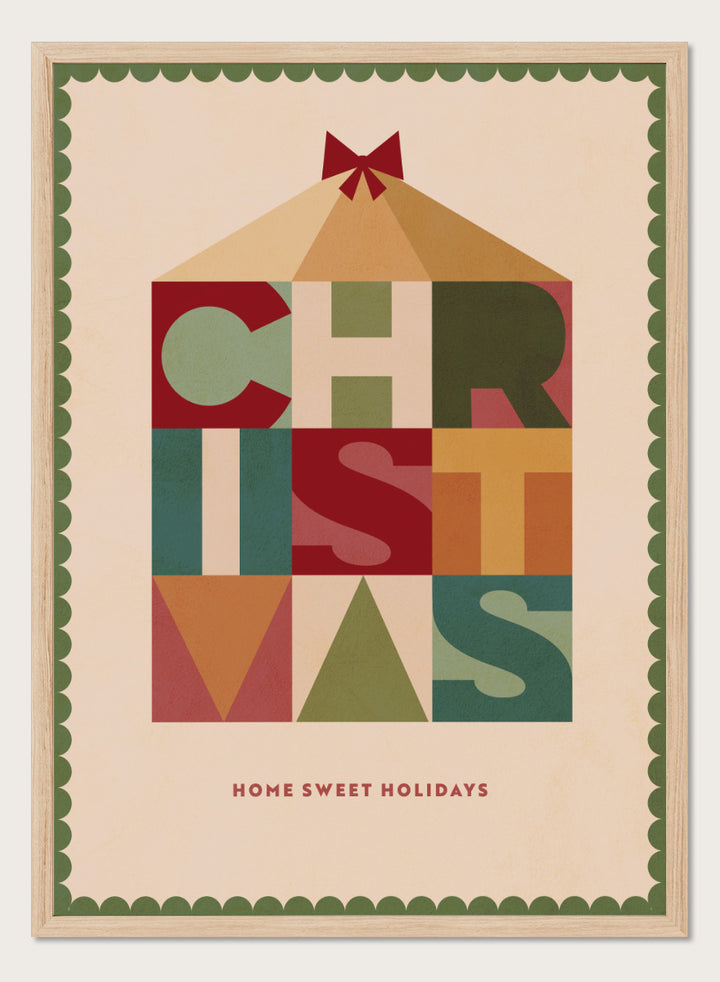 Shop Home Sweet Christmas by Dominique Vari, a retro holiday wall art print poster featuring geometric typography, a festive house, bow, and warm vintage colors.