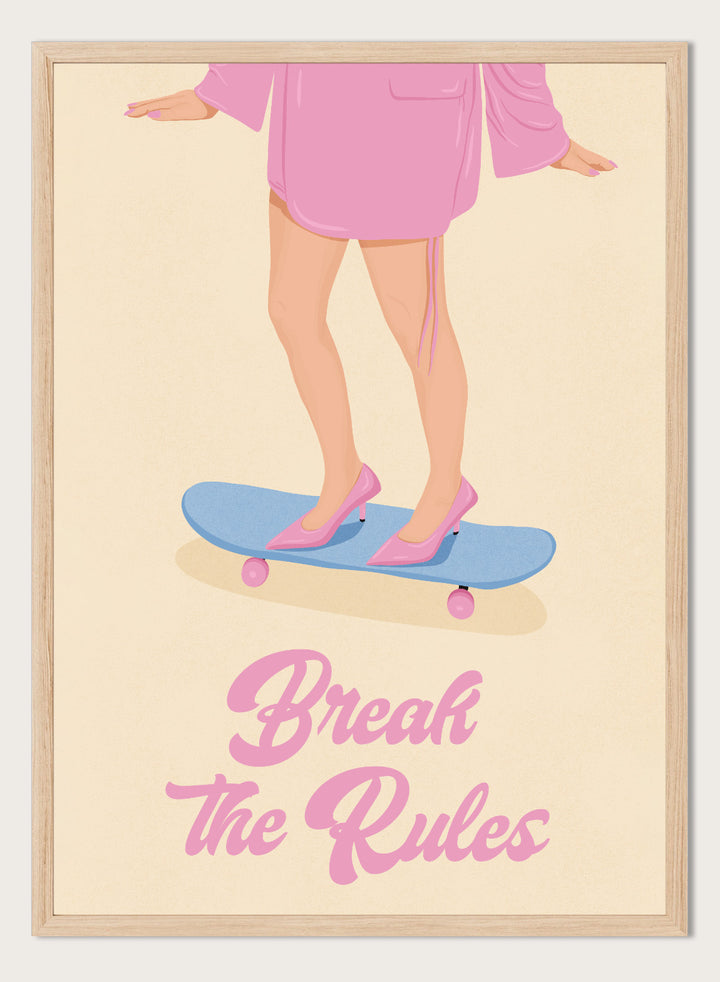 A stylized poster illustration showing a person from the waist down in a pink robe and pink heels standing on a blue skateboard with the text &
