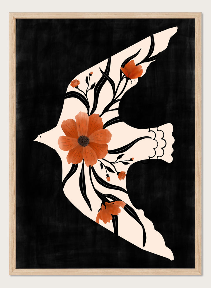 Shop Poppy Birds in Flight by Elena Ristova, a modern bird wall art print poster featuring a cream dove filled with terracotta poppies on a black background.