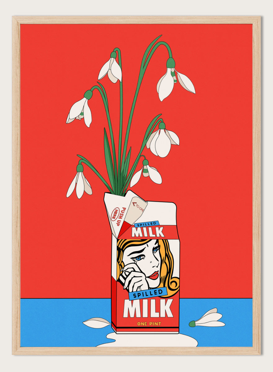 A stylized pop-art illustration of a milk carton with a woman&