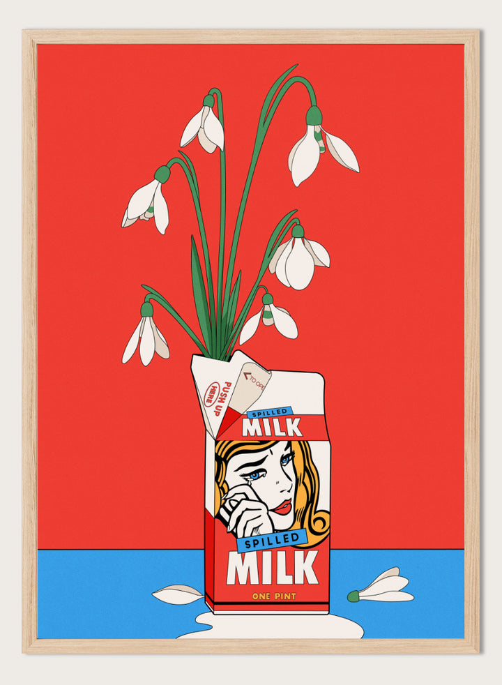 A stylized pop-art illustration of a milk carton with a woman&