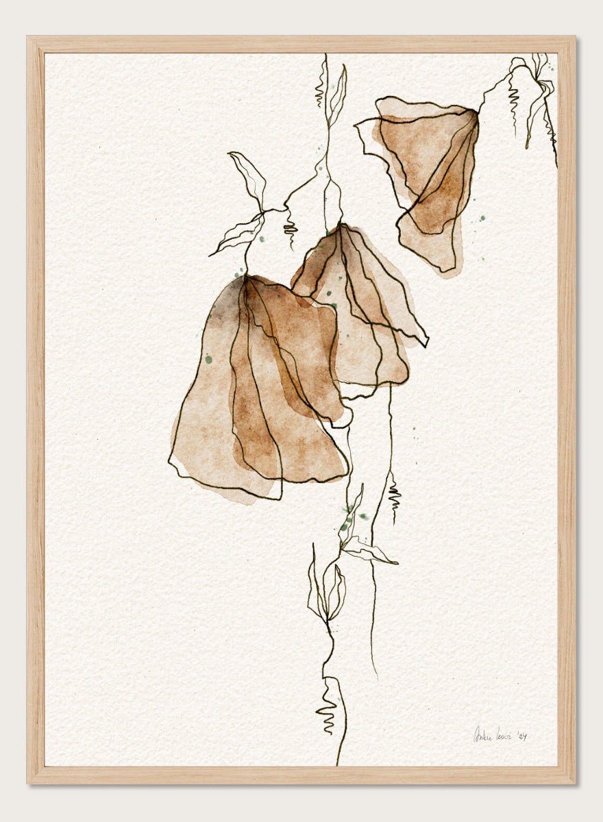 Shop Soft Watercolor Blooms by Ankie Kooi, an abstract floral wall art print poster with watercolor flowers, botanical line art, brown, cream, and green.