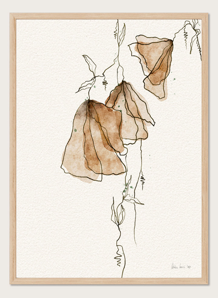 Shop Soft Watercolor Blooms by Ankie Kooi, an abstract floral wall art print poster with watercolor flowers, botanical line art, brown, cream, and green.