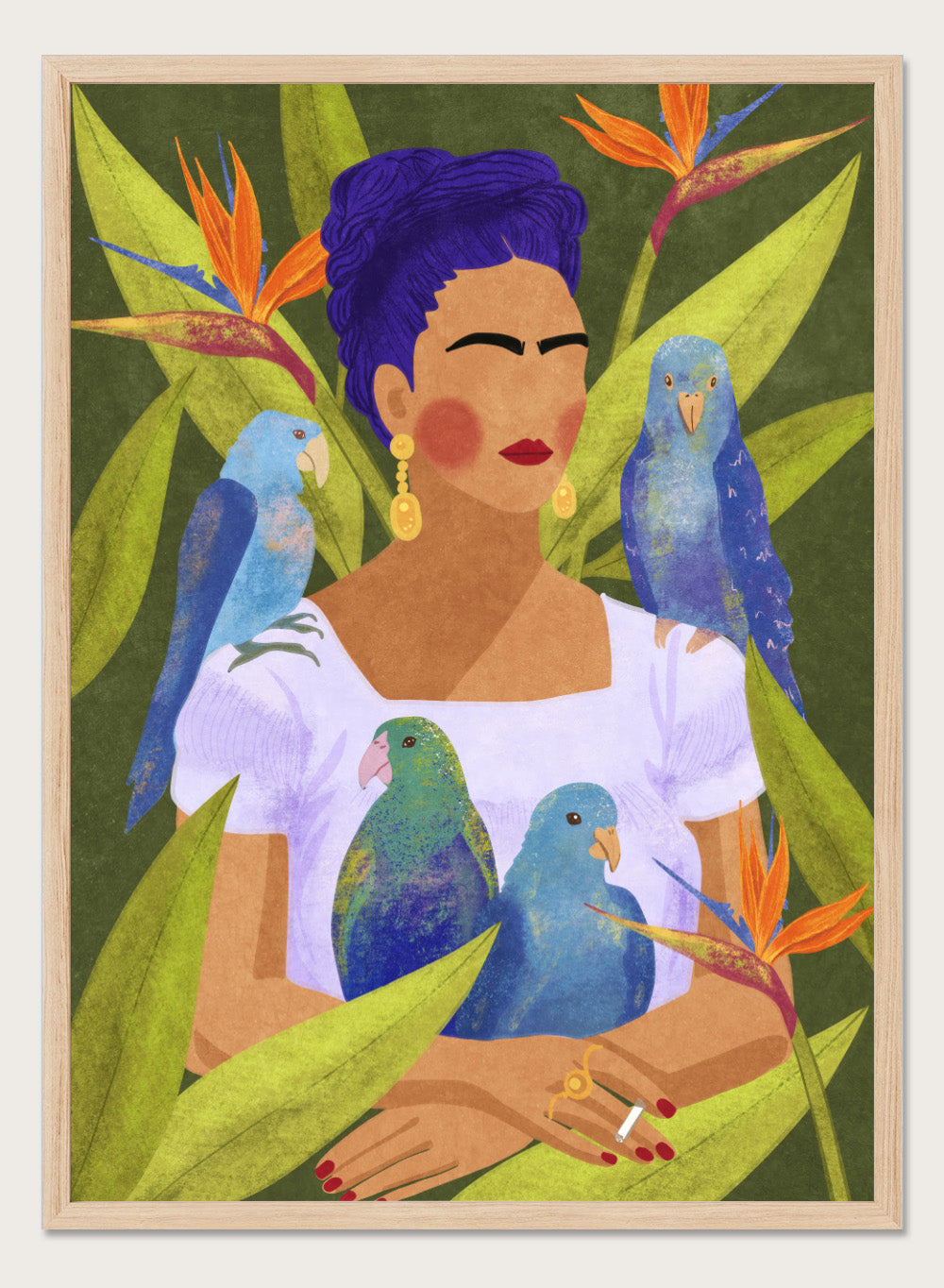 Artistic depiction of a woman with blue hair surrounded by parrots and tropical plants. Frida and Birds by Raissa Oltmanns is a modern Frida Kahlo inspired art print with tropical birds and bold botanical wall poster design.