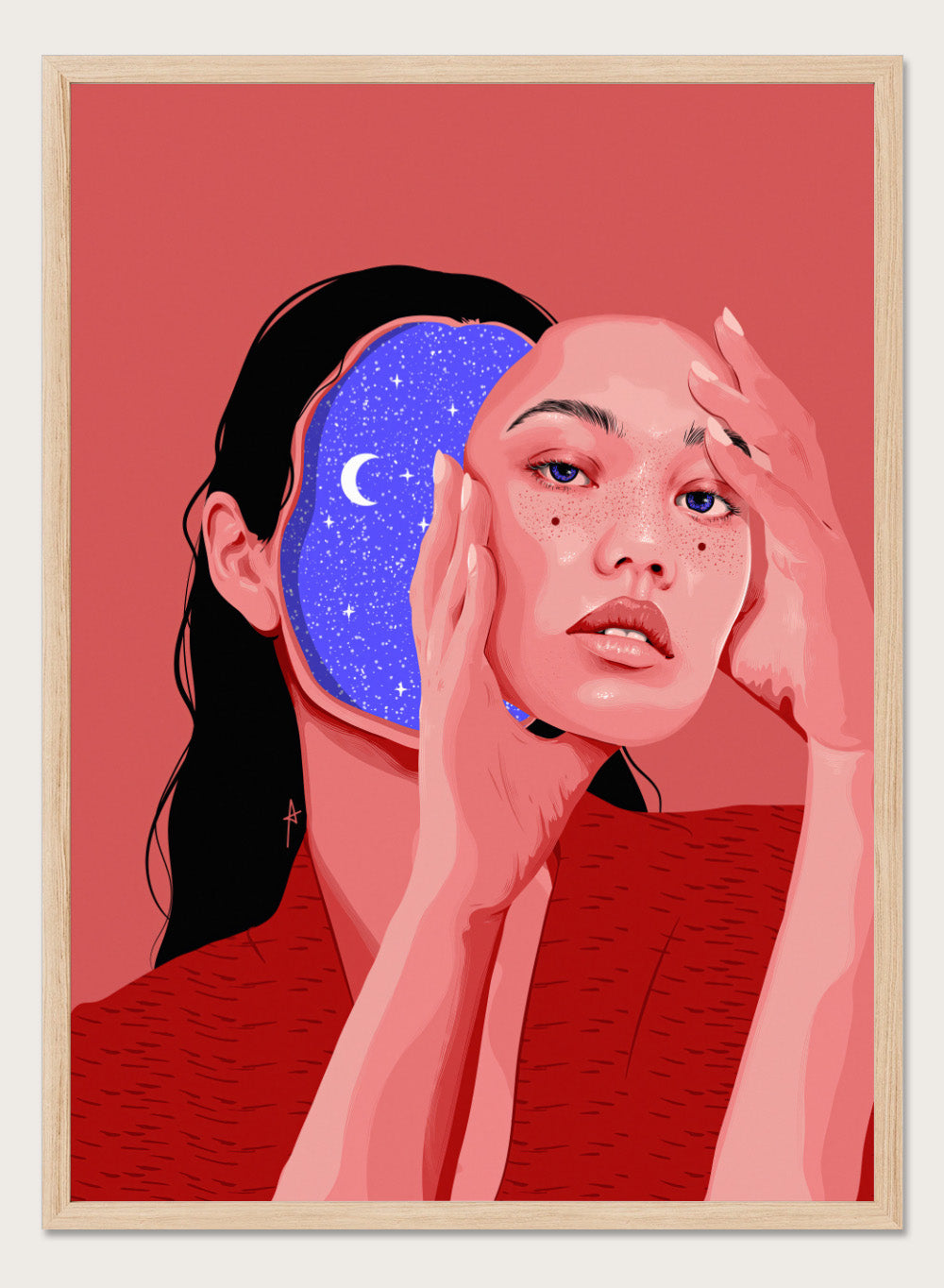 Illustration of a person with a starry night design, on a red background. Des Astres by AnA Ariane is a surreal portrait art print featuring a woman with a starry cosmic interior. Modern figurative wall poster.
