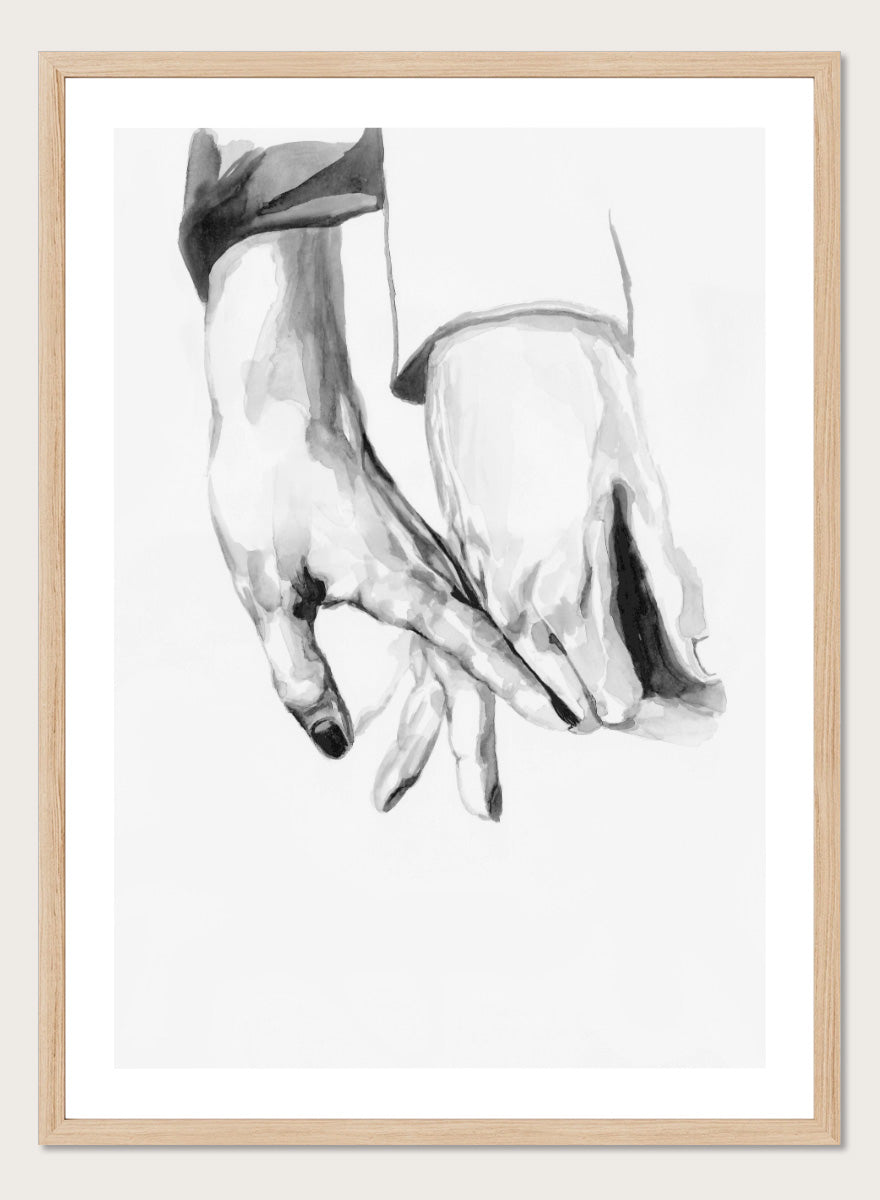 Shop Gentle Hands Connected by Sophia Novosel, a minimalist black and white wall art print poster featuring two hands touching in a soft, intimate gesture.