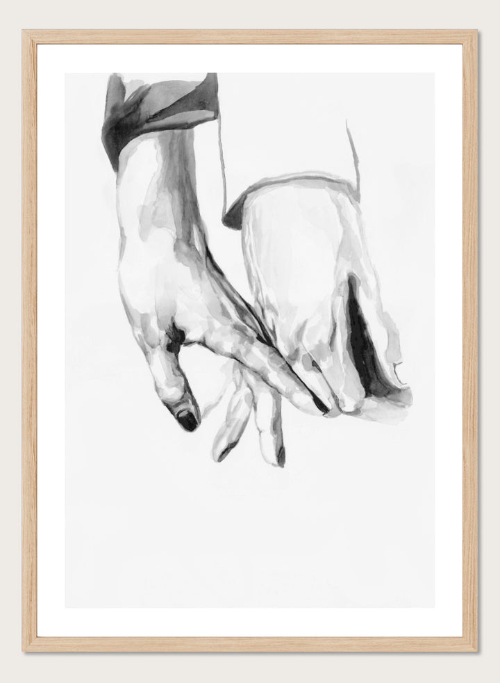 Shop Gentle Hands Connected by Sophia Novosel, a minimalist black and white wall art print poster featuring two hands touching in a soft, intimate gesture.