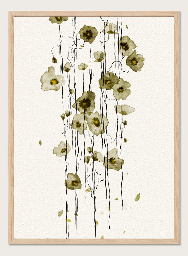 Shop Flowing Green Flowers by Ankie Kooi, a modern floral wall art print poster with abstract botanical line art, watercolor flowers, green tones, and cream.