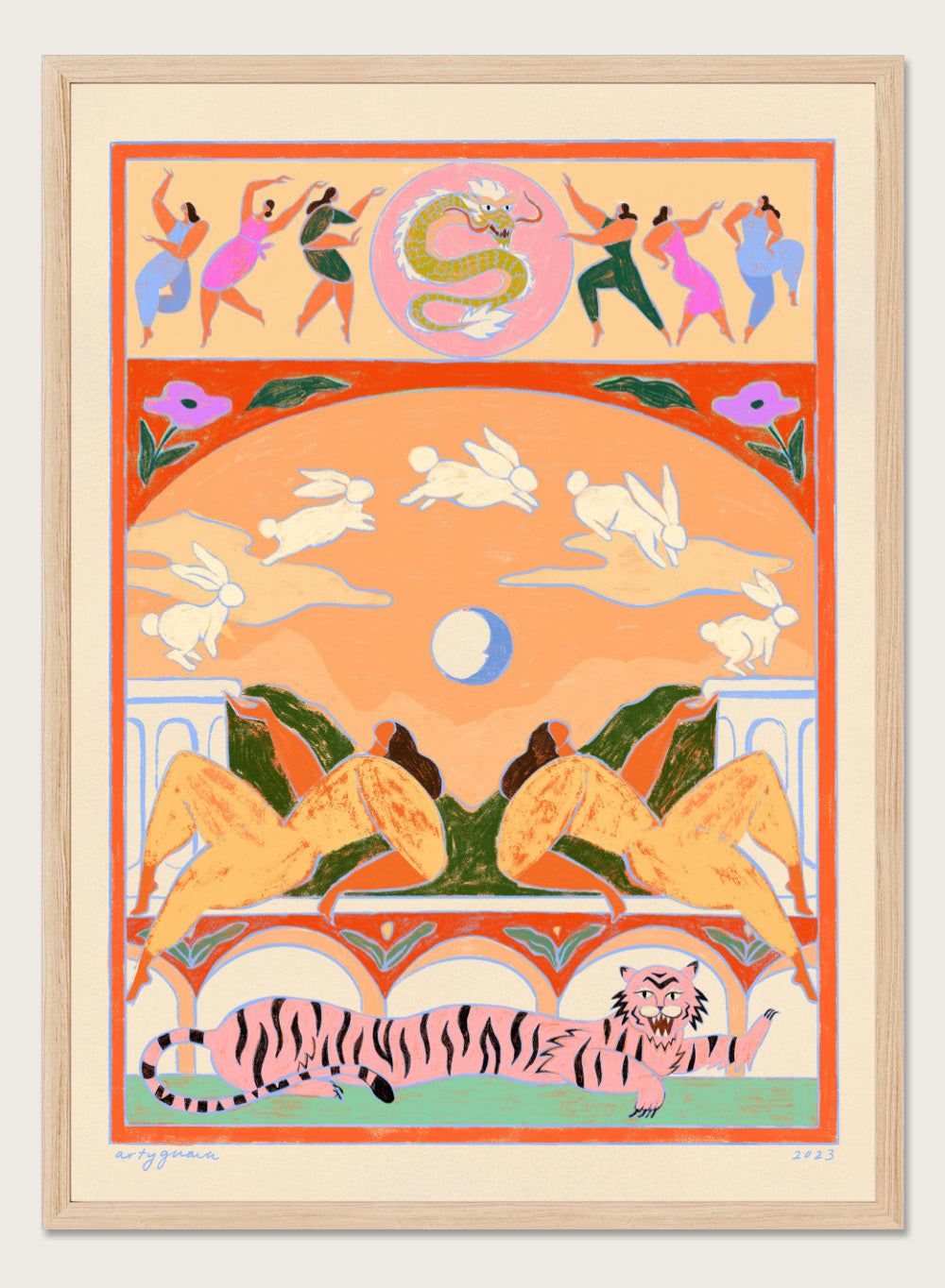 Decorative artwork with animals and people in a stylized setting. Rabbit Jumps Over the Moon by Arty Guava is a surreal art print with rabbits, dancers, and a tiger in bold color. Officially licensed wall poster.