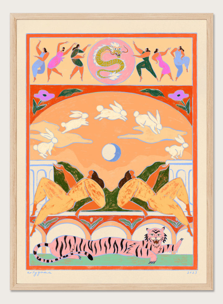 Decorative artwork with animals and people in a stylized setting. Rabbit Jumps Over the Moon by Arty Guava is a surreal art print with rabbits, dancers, and a tiger in bold color. Officially licensed wall poster.