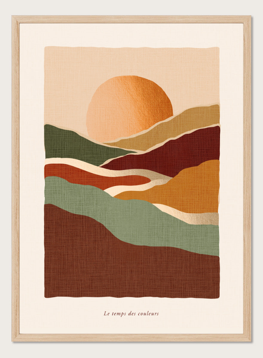 Shop Earthy Sunset Landscape by Dominique Vari, a retro landscape wall art print poster featuring rolling hills, a glowing orange sun, and warm earthy tones.