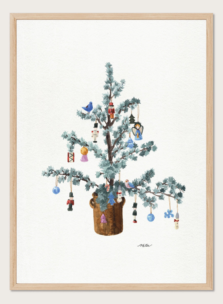 Shop Potted Festive Christmas Tree by NKTN, a Christmas wall art print poster featuring a decorated tree with nutcrackers, birds, bells, and vintage ornaments.
